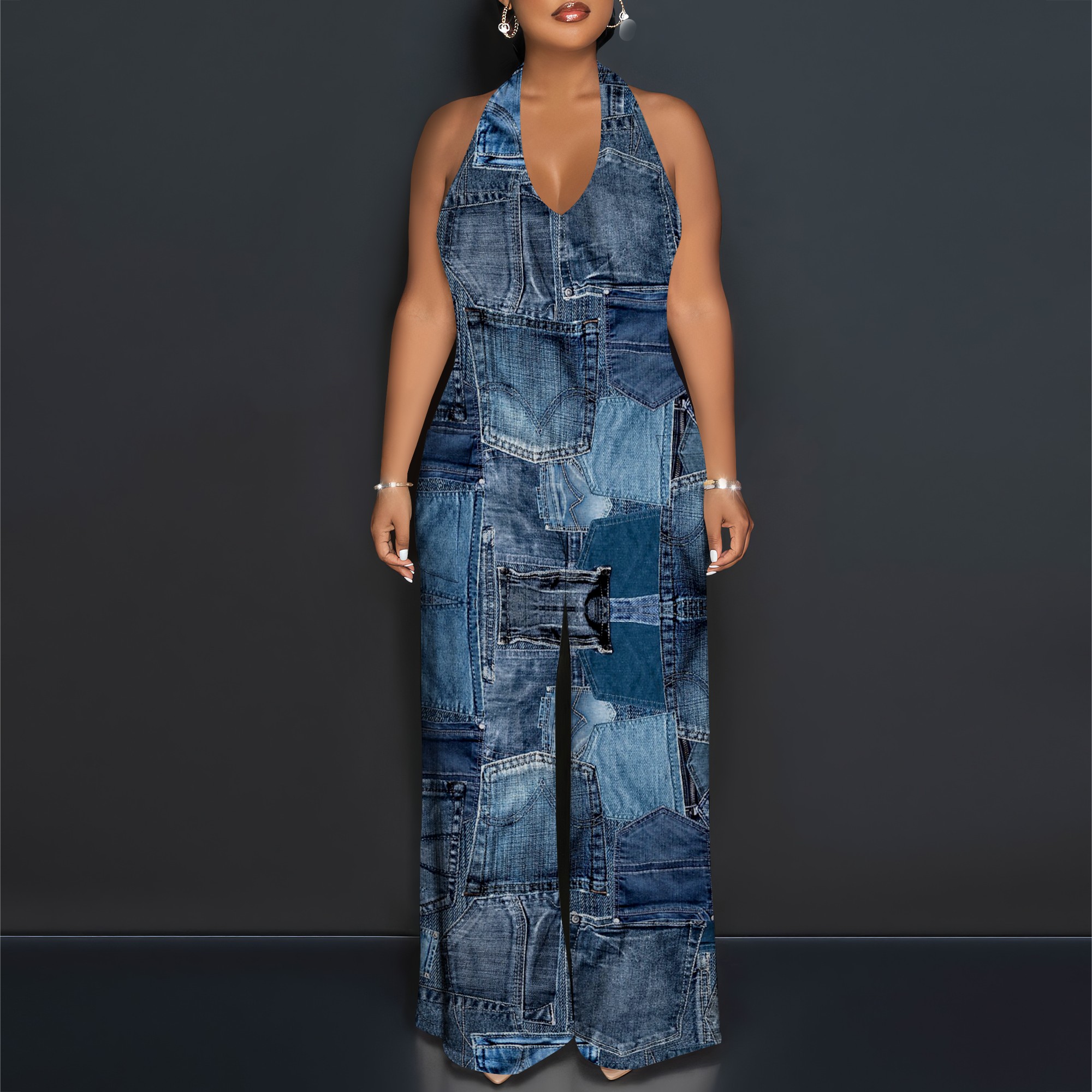 Denim Patchwork Halter V-Neck  - مراجعة Maxi Dress Halter وسعره