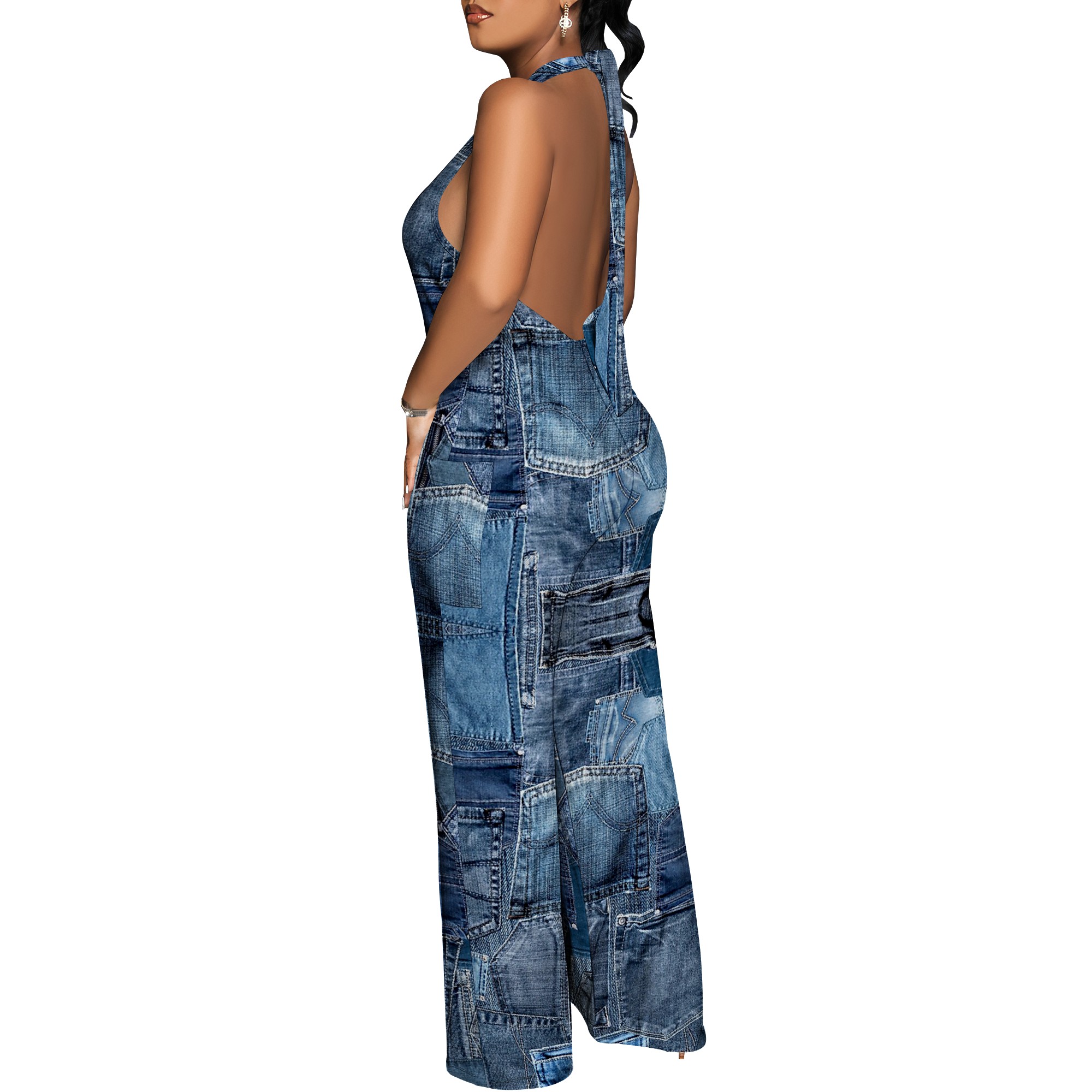 Denim Patchwork Halter V-Neck  - مراجعة Maxi Dress Halter وسعره