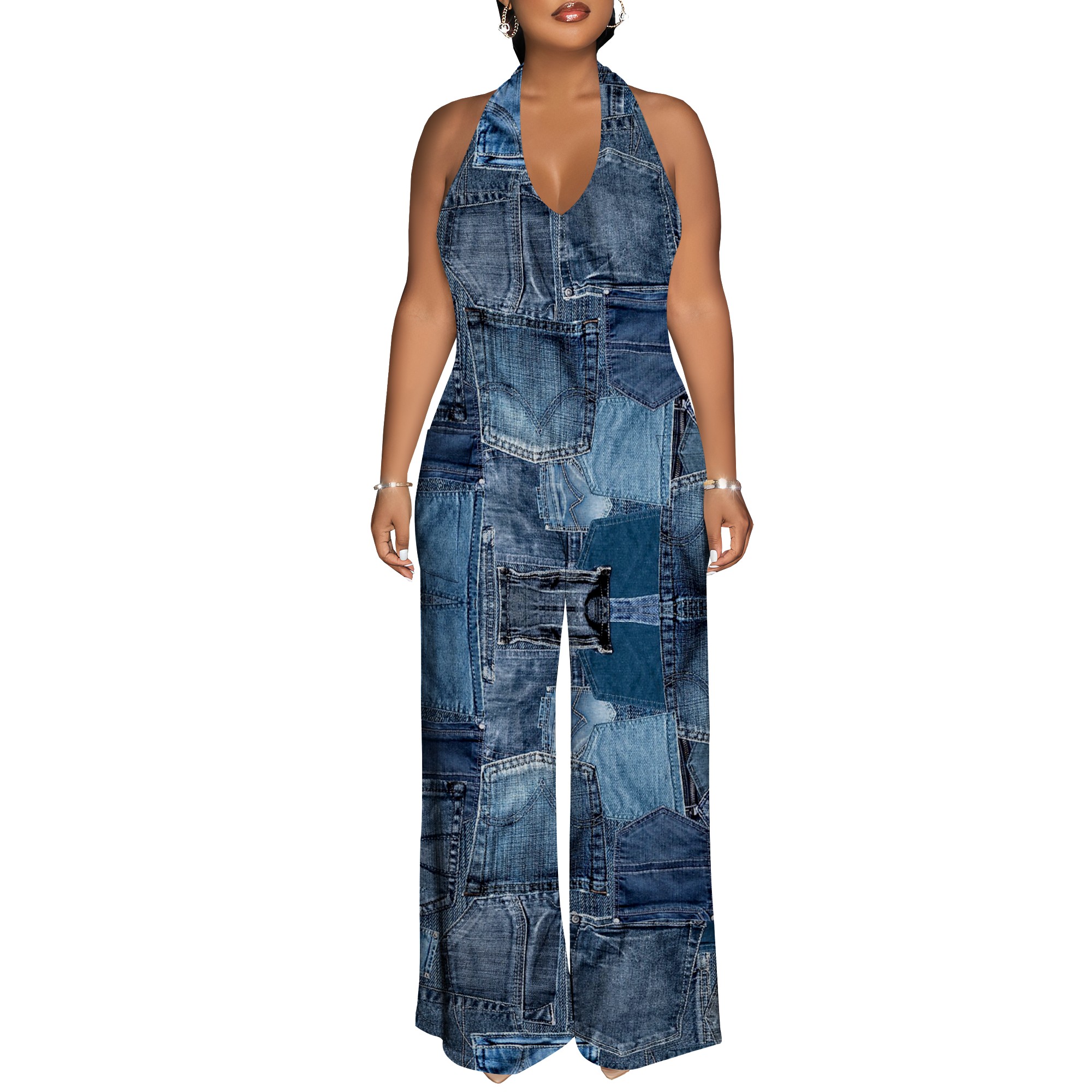 Denim Patchwork Halter V-Neck  - مراجعة Maxi Dress Halter وسعره