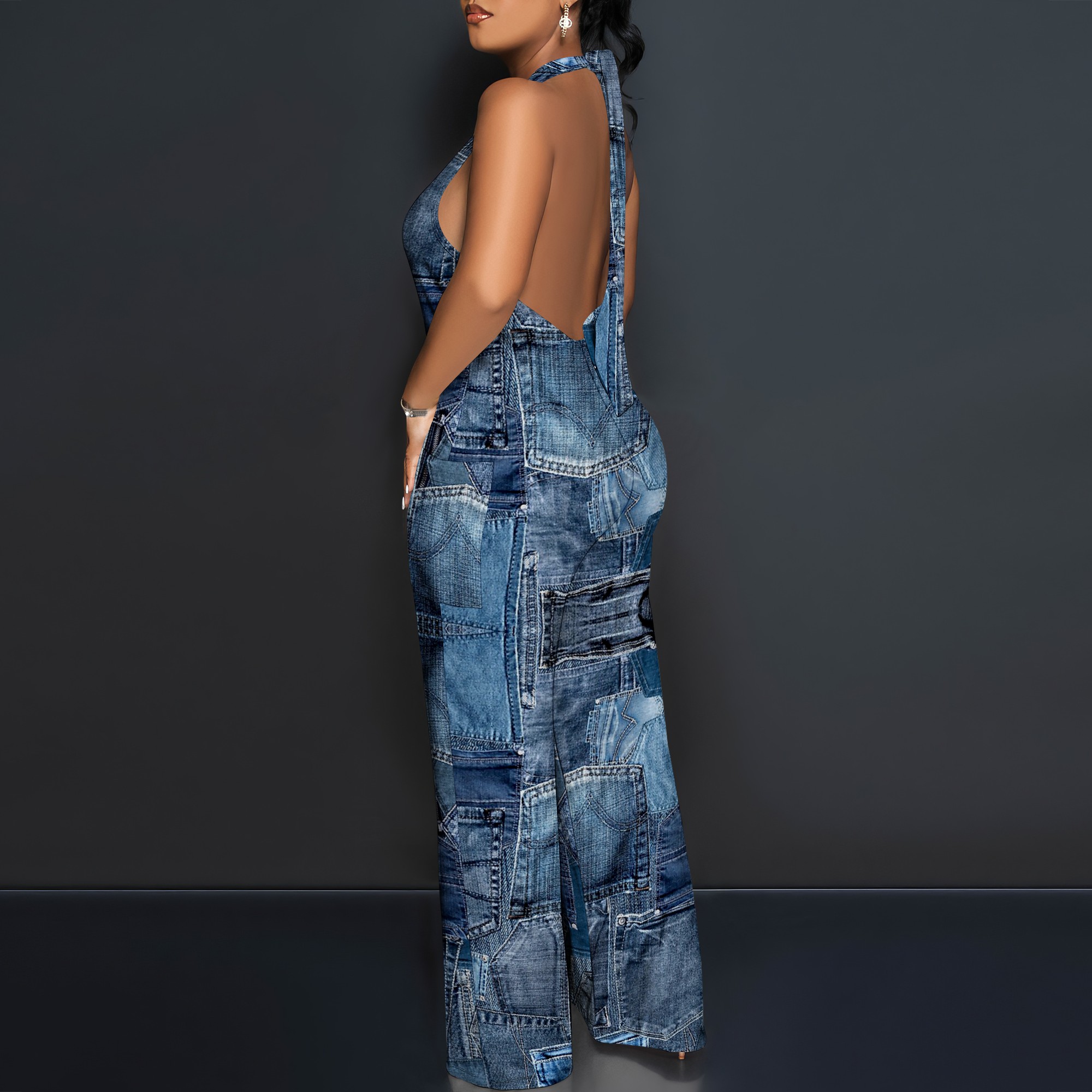 Denim Patchwork Halter V-Neck  - مراجعة Maxi Dress Halter وسعره