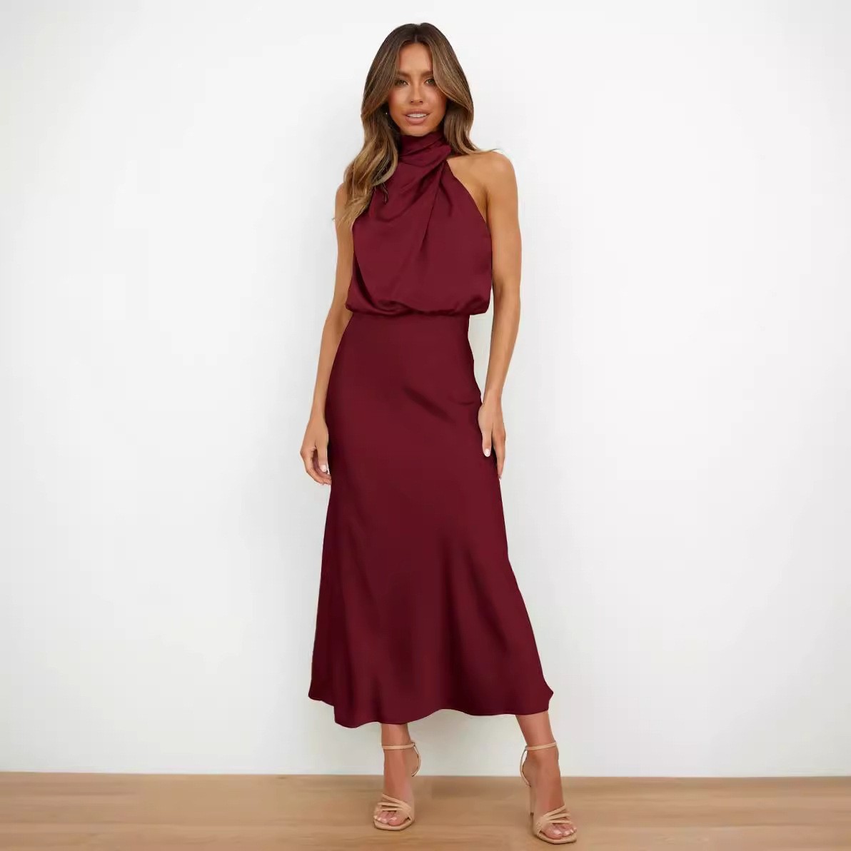 Satin Dress Sleeveless Halter  - مراجعة Maxi Dress Halter وسعره