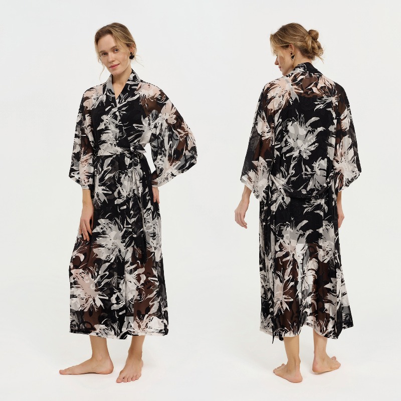 Women Black White Ink Floral S - مراجعة Kimono Sheer Floral وسعره