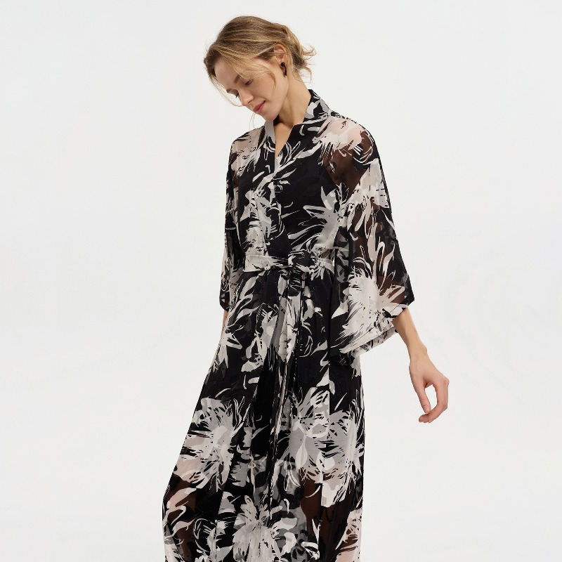 Women Black White Ink Floral S - مراجعة Kimono Sheer Floral وسعره