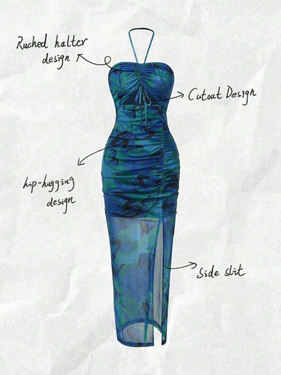 Halter Neck Pleated Mesh Print - مراجعة Maxi Dress Halter وسعره